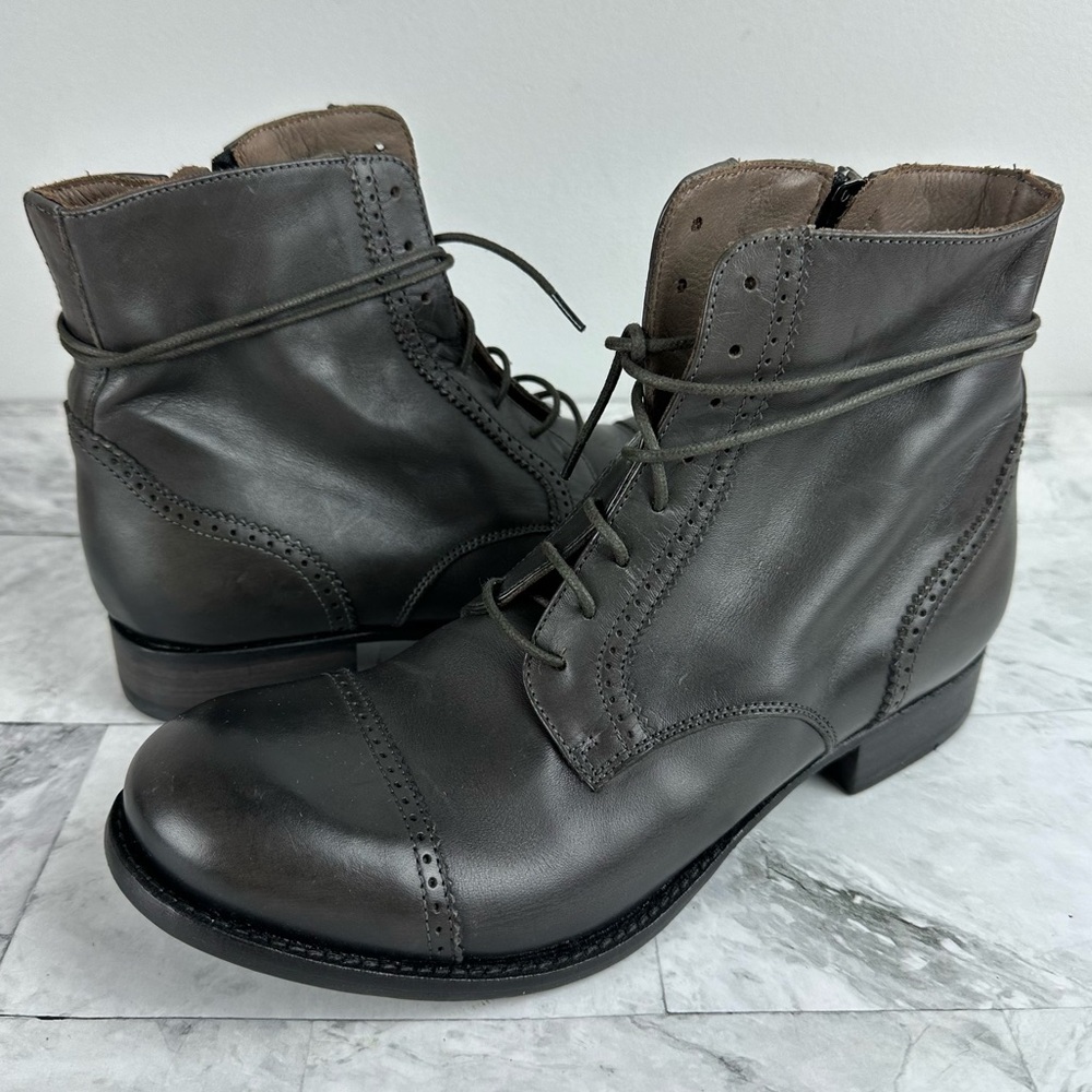 Gray Leather Combat Boots - Women's Moto Ankle Boots